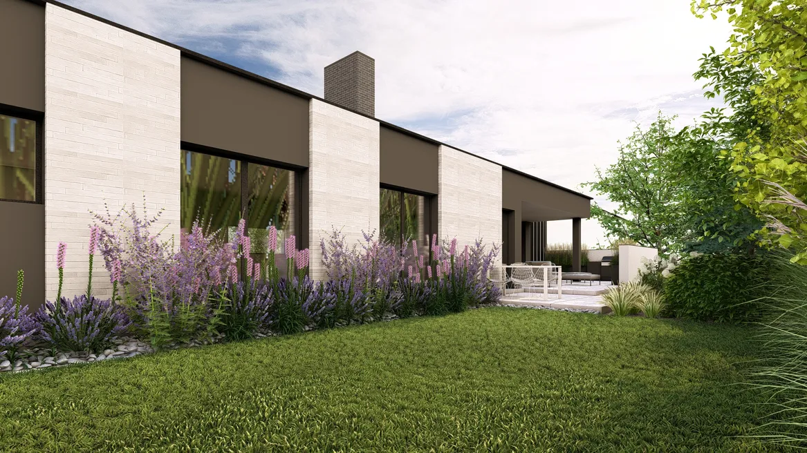 Rośliny pachnące pod oknami: lawenda i liatra. Lekkości dodają perovskie.