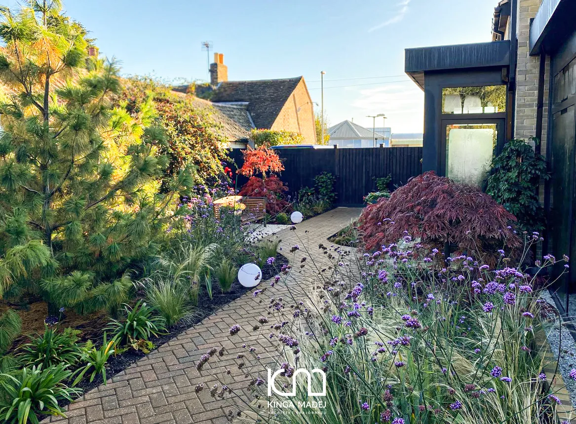 Kręta ścieżka z cegły, obok sosna wejmutka klon palmowy.