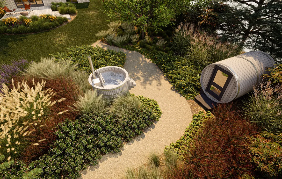 Widok z góry na strefę spa ogrodowego. Kolory dominujące: brązy, czerwień, biel i odcienie zieleni.