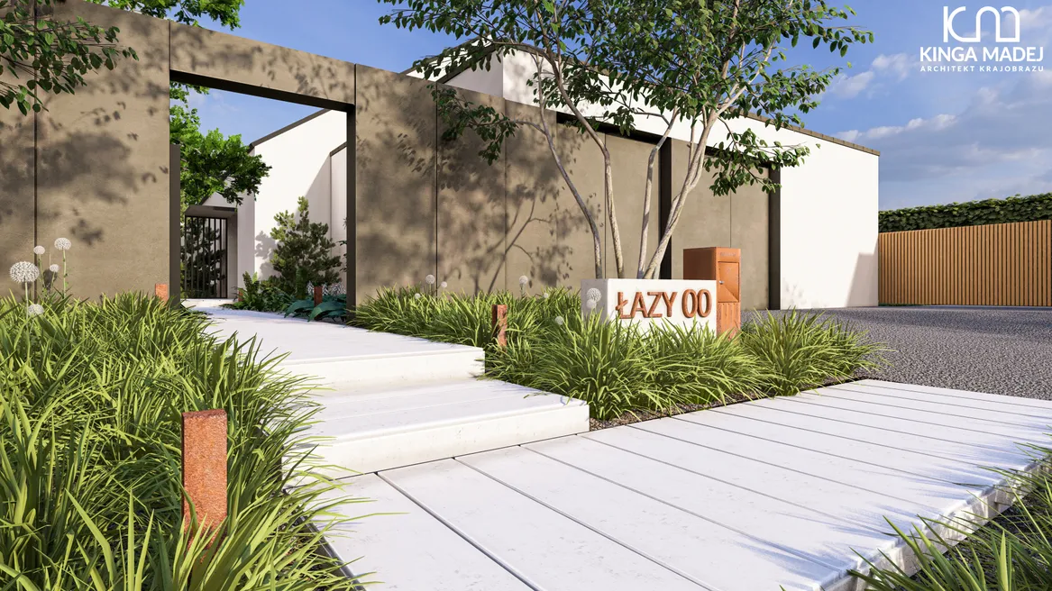 Zbliżenie na furtkę i cortenowe lampy oświetlające ścieżkę. Cortenowy słupek multimedialny.