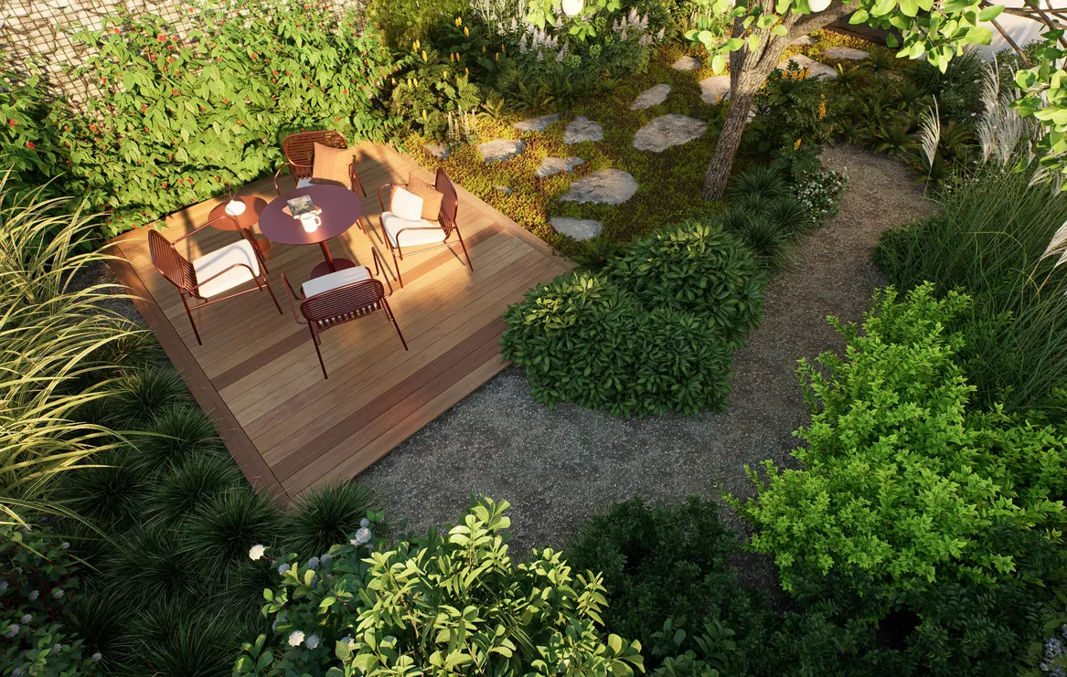 Widok z góry na taras i obie ścieżki