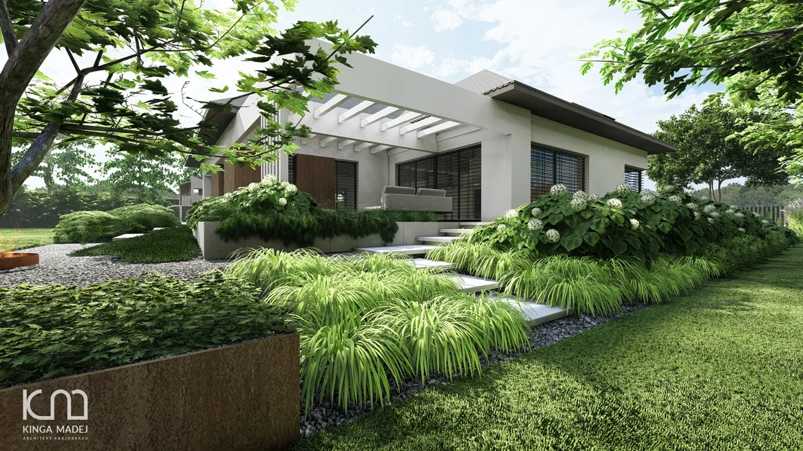 Widok na taras wypoczynkowy, nieopodal palenisko z misą cortenową. Na rogu donica z klonem palmowym.