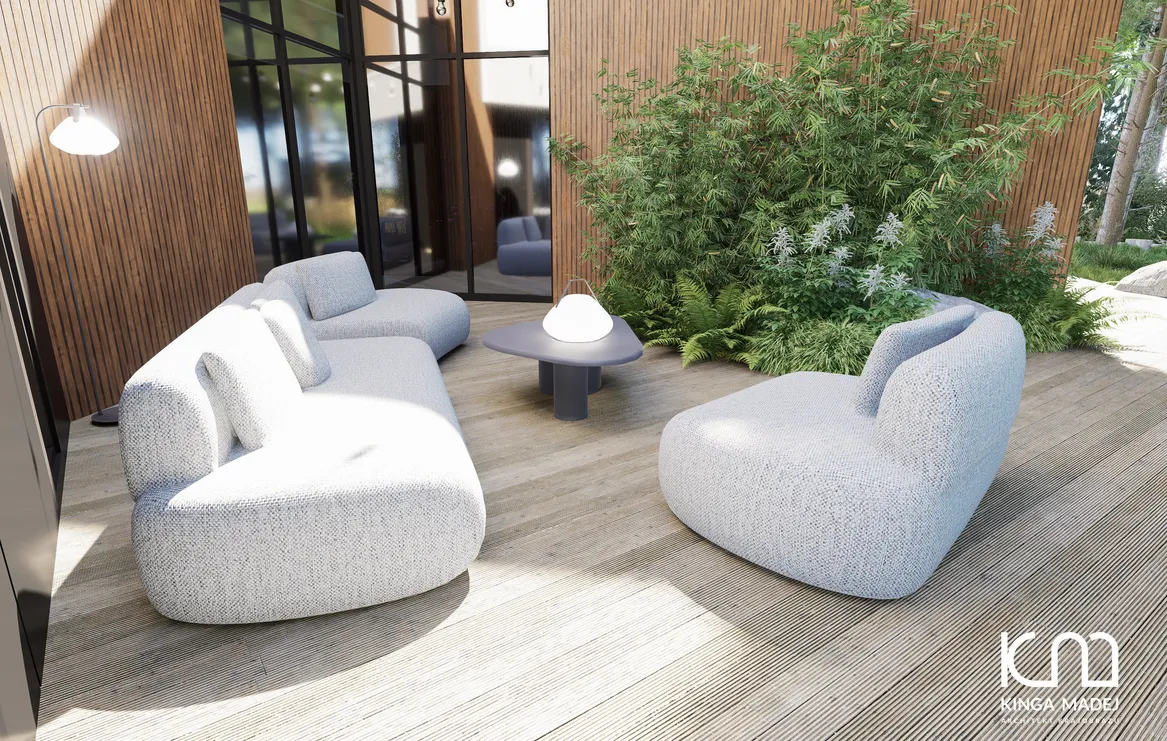 Zbliżenie na taras wypoczynkowy z modułowymi meblami wypoczynkowymi.