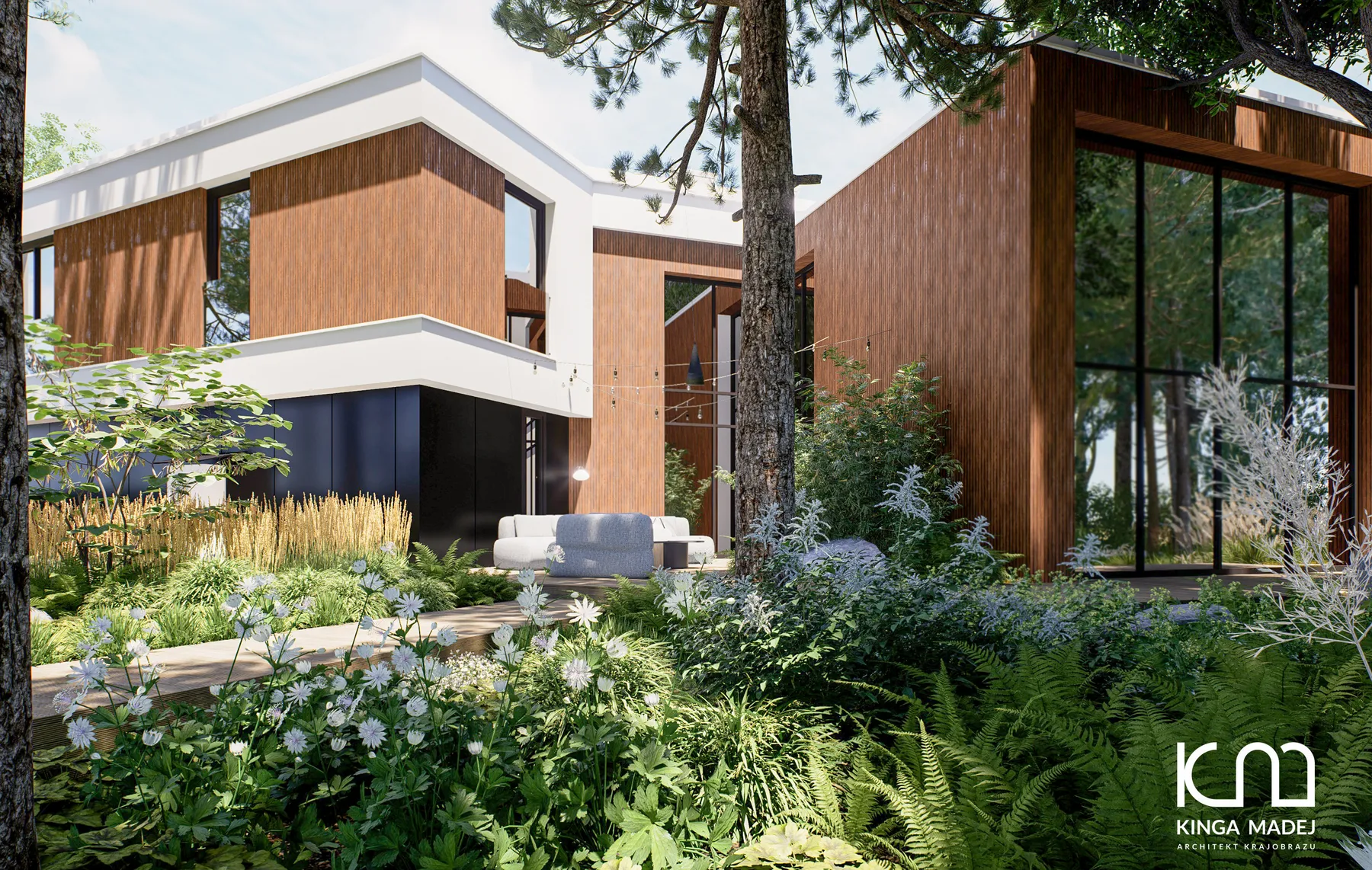 Główne zdjęcie dla Ogród nowoczesny w lesie sosnowo-dębowym.