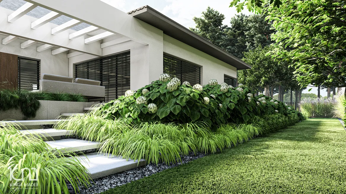 Skarpa nabrała miękkości dzięki gęstej zieleni: hortensjom, trwaom ozdobnym i zimozielonym krzewom (np. suchodrzew chiński). Tył ogrodu zasłaniają od ulicy miskanty chińskie.