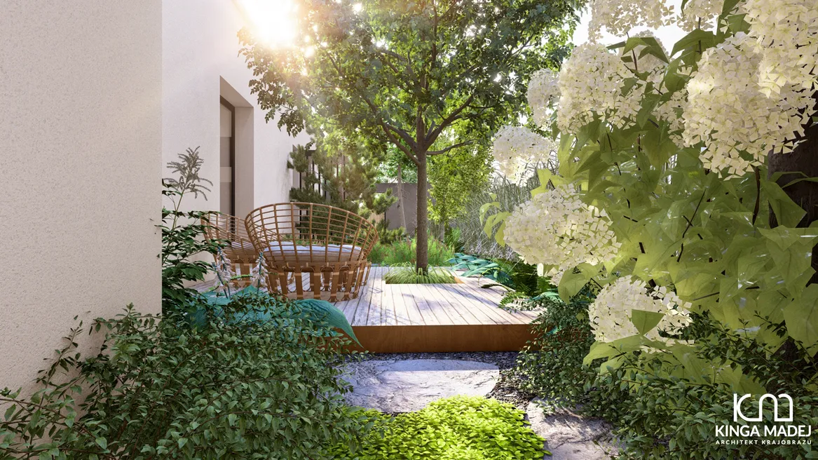 Mały taras w przytulnej, osłoniętej części ogrodu. Wygodne meble wypoczynkowe. Ścieżka z kamienia naturalnego.