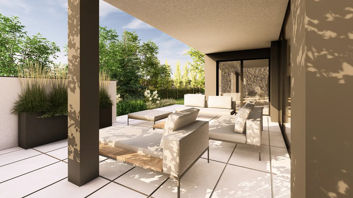 Taras wypoczynkowy z wygodnymi meblami wypoczynkowymi.