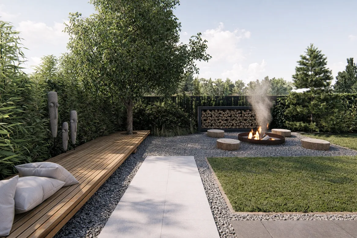 Duże okrągłe palenisko ogrodowe - misa wkopana w grunt. Trawnik dostosowany do kosiarki automatycznej. Siedziska z pni drzew.