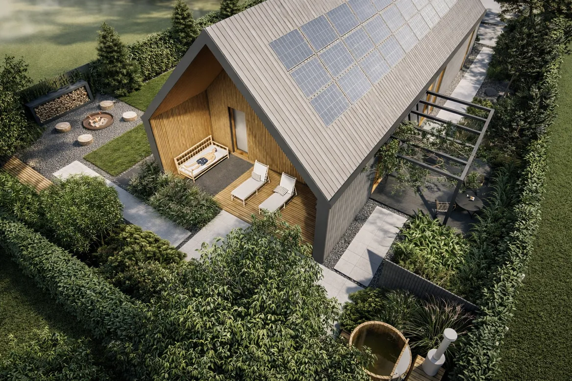 Widok na strefę wypoczynkową z tyłu domu, balię wodną, taras kawiarniany z pergolą.