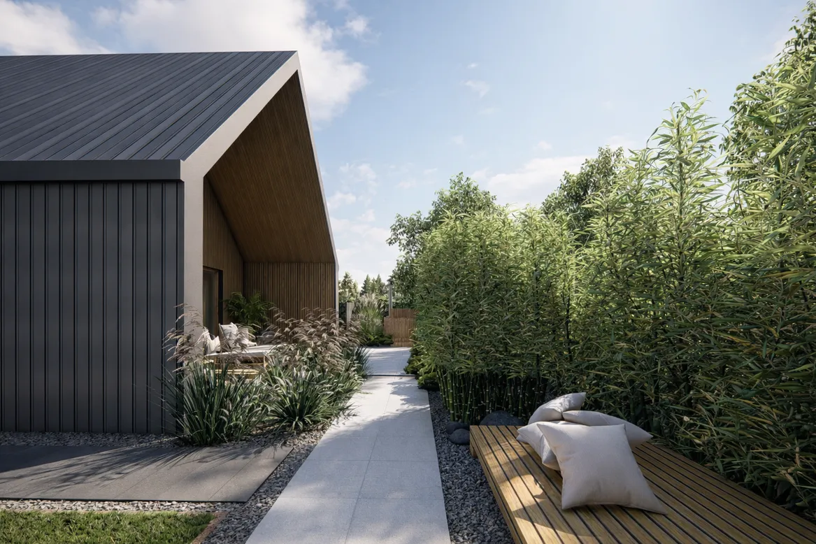 Dojście do balii wodnej ścieżką z płyt wielkoformatowych. Rośliny ściółkowane ciemnoszarym żwirem.