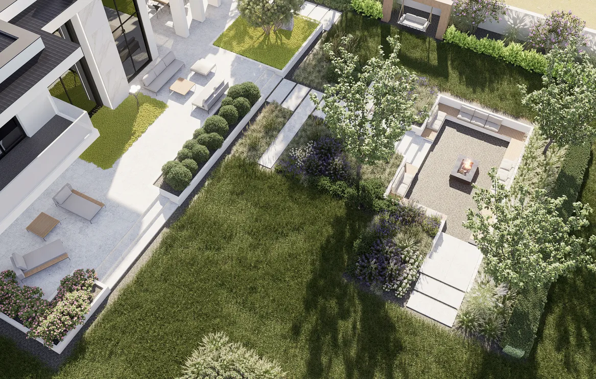 Widok z lotu ptaka na układ ogrodu. W prawej części wgłębnik z paleniskiem.