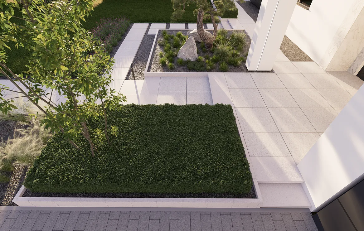 Główne wejscie do domu. Płyty wielkoformatowe i betonowe donice. Bonsai, niskie żywopłoty z cisa.