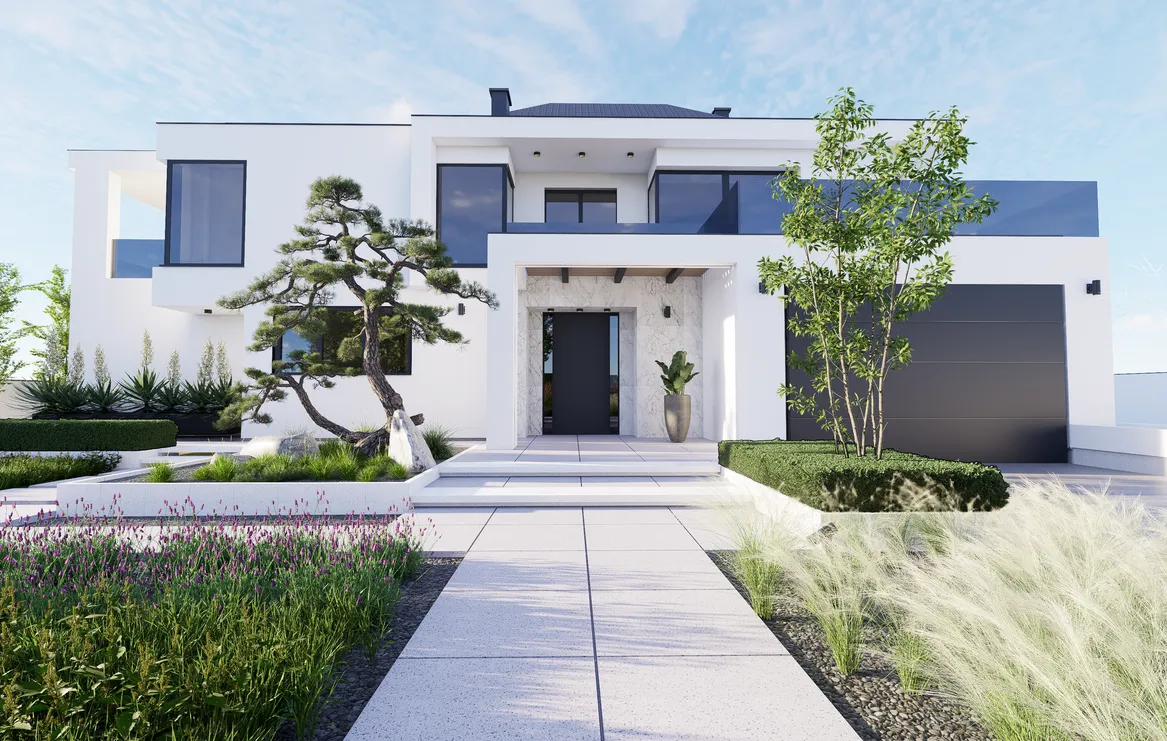 Lewitujące stopnie prowadzące do domu. Prostokątne donice betonowe. Bonsai, juki, stipy, lawenda.