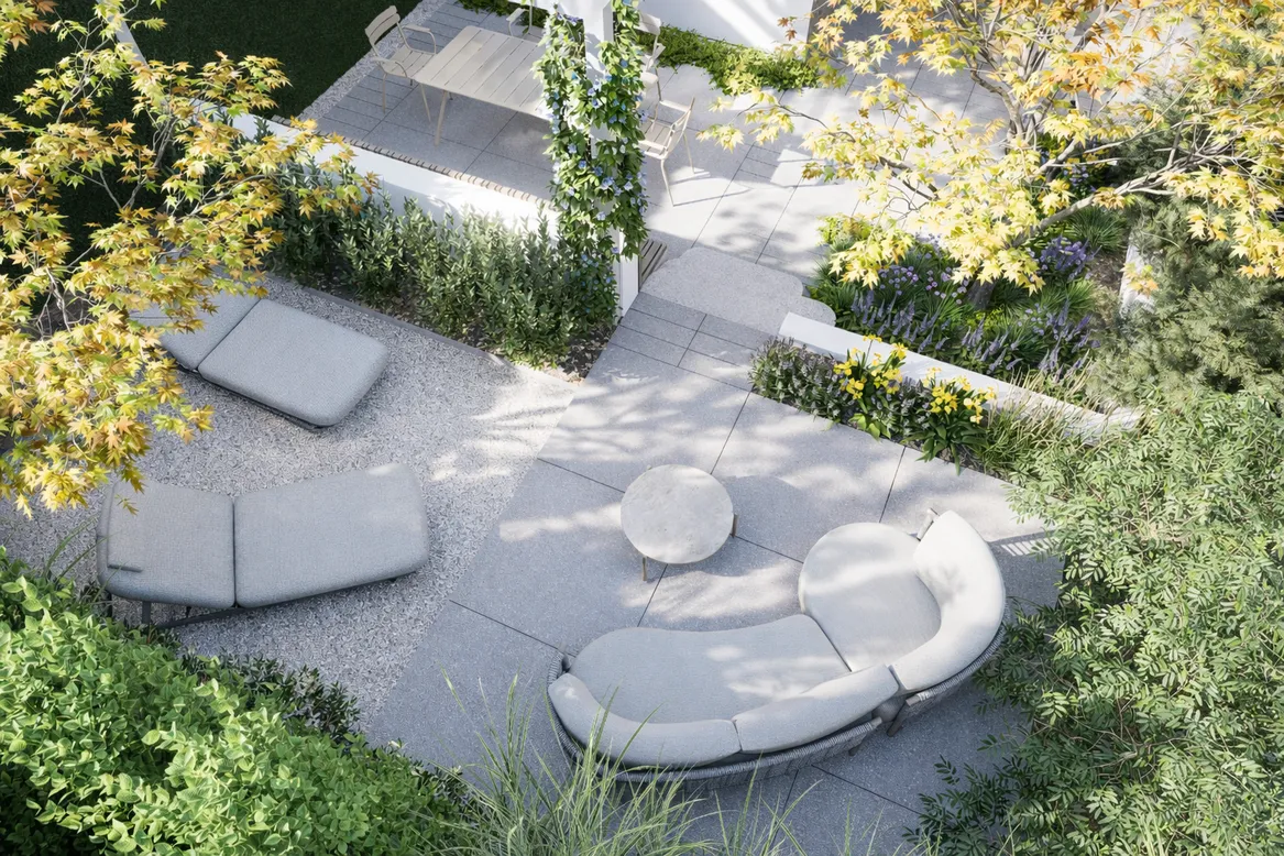 Strefa relaksacyjna na piętrze ogrodu. Zestaw wypoczynkowy o zaoblonym kształcie.