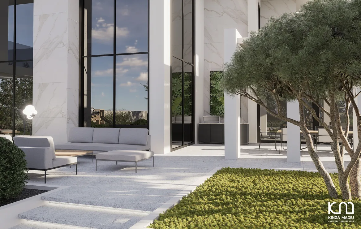 Widok na taras z jadalnią, kuchnią zewnętrzną i meblami wypoczynkowymi