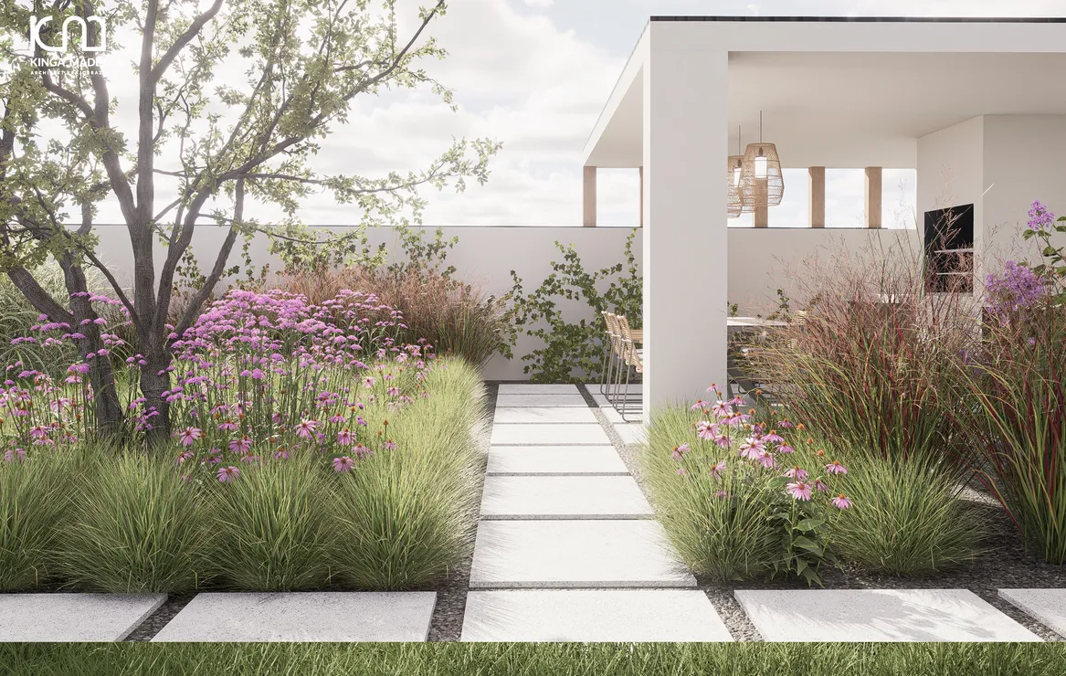 Altana z letnią kuchnią. Jeżówki, werbena patagońska, proso rózgowate.