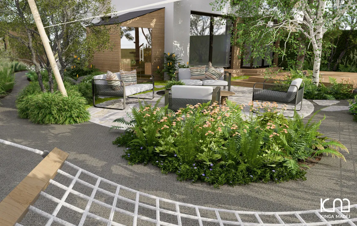 Widok z hamaka na saunę i strefę kawową