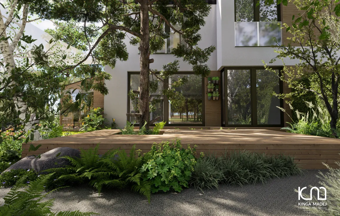 Taras do jogi zbudowany wokół sosny.