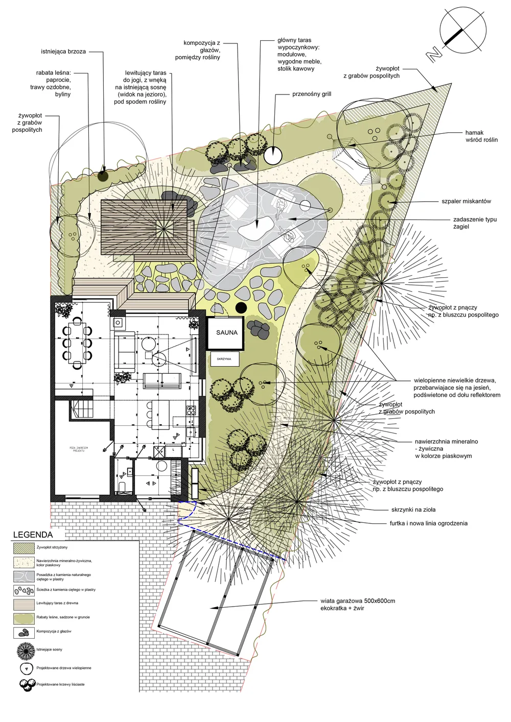 Rysunek koncepcyjny Ogród leśny bez trawnika