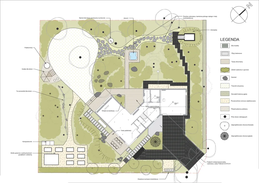Rysunek koncepcyjny Ogród nowoczesny w lesie sosnowo-dębowym.