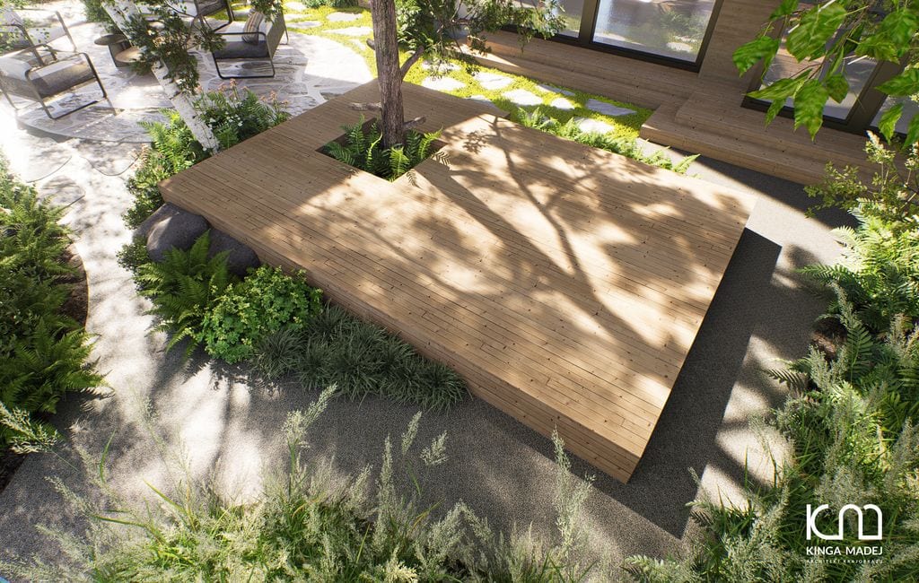 Widok na taras do jogi, schody i strefę kawiarnianą