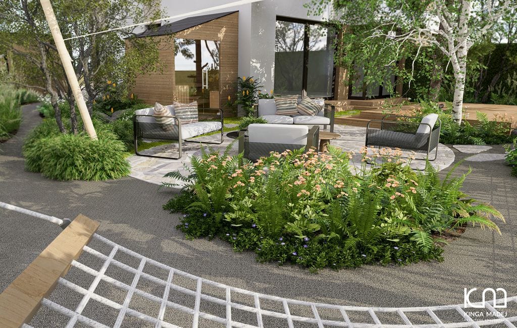 Widok z hamaka, nasadzenia leśne, żagiel.