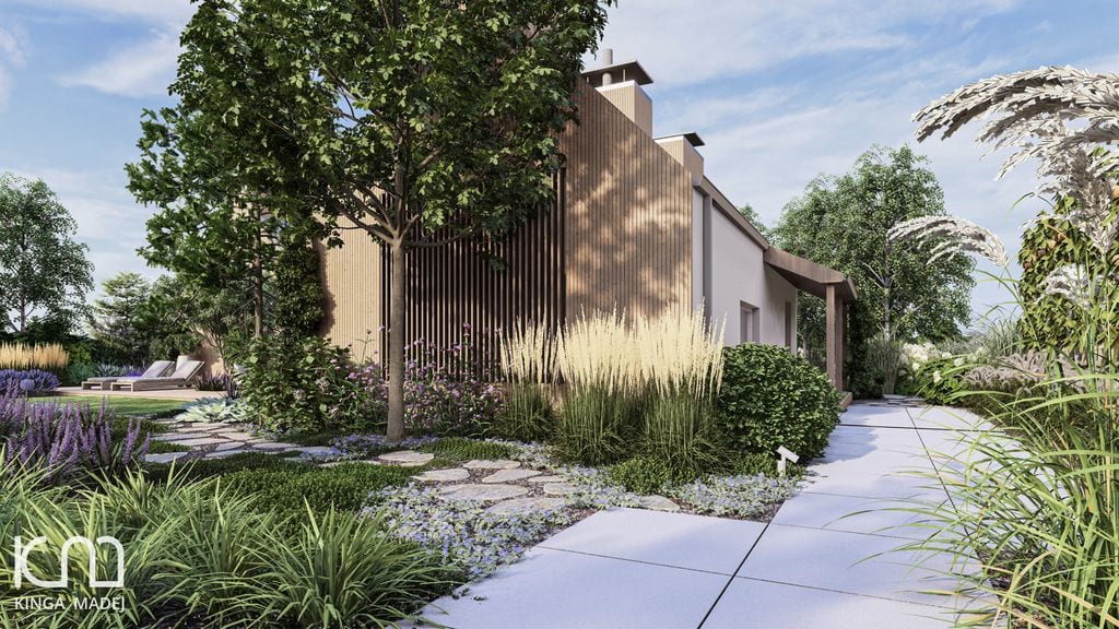 Ścieżka wejściowa betonowa i ścieżka spacerowa z kamienia naturalnego wśród rabat