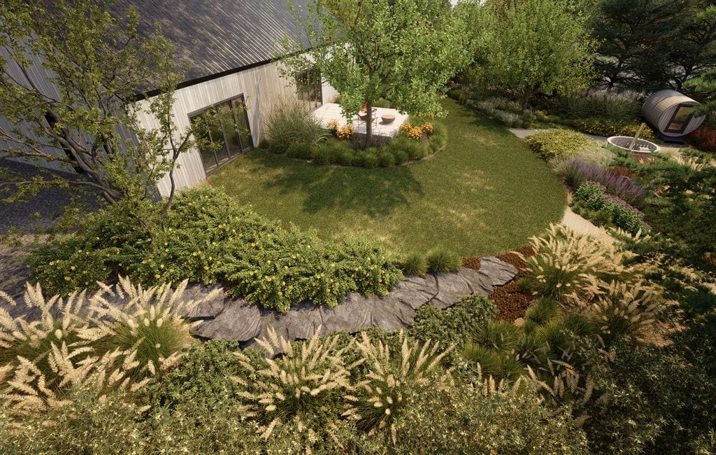 Widok na tylną część ogrodu. Rabaty bylinowo-trawiaste, strefa spa.