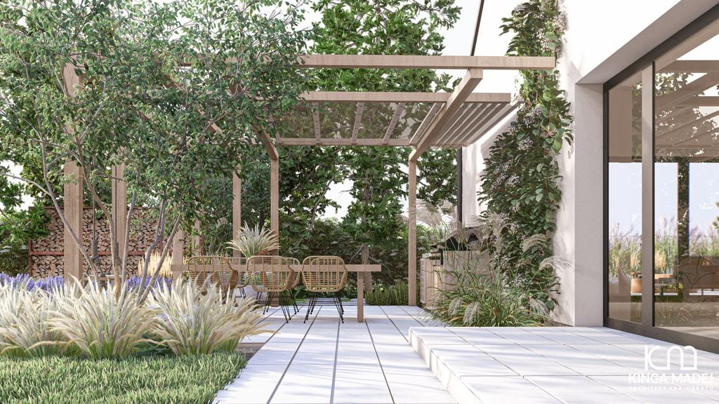 Taras jadalniany z pergolą.