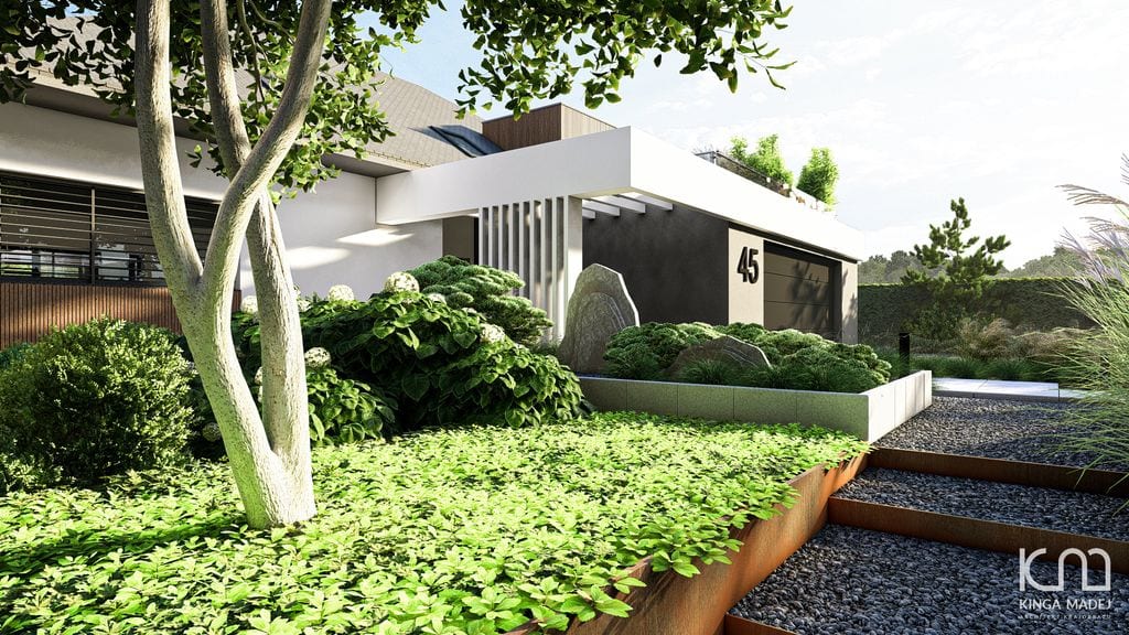 Żwirowe stopnie i donica z drzewem wielopiennym porośnięta runianką. Cortenowe oporniki.