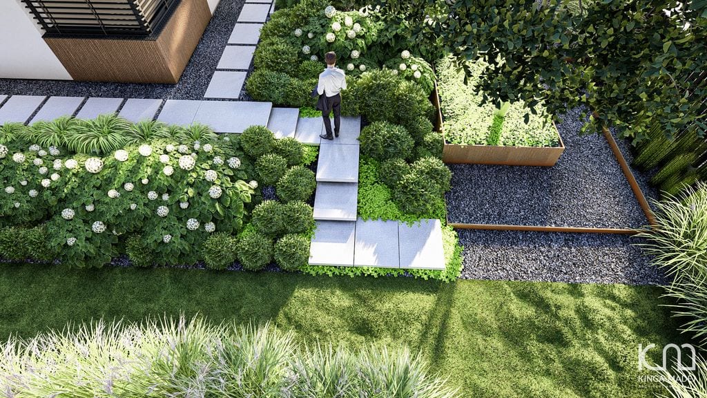 Scieżki z betonowych płyt i lewitujące stopnie. Skarpa porośnięta hortensjami, haconechloe i krzewami.