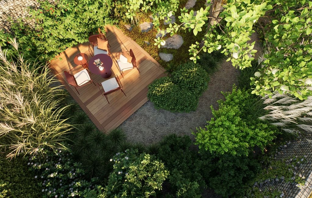 Taras z dwoma ścieżkami: kamienną i żwirową. Wizualizacja z wyższej wysokości